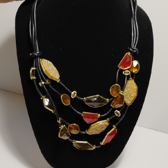 Kensie Signed Statement Necklace Multi-Color Shape Stones On Black Chord - Picture 1 of 10